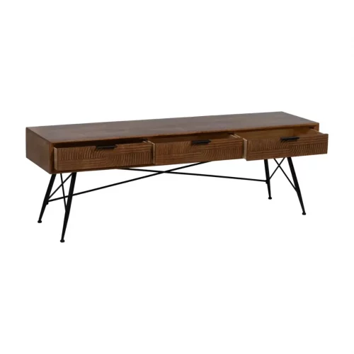 Mueble TV de Madera de Caucho y Metal Marrón y Negro 3 Cajones - Ixia (4)