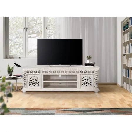 Mueble Televisión Madera Mango Decapado Blanco 180x40x60 Cm - Giner y Colomer (1)