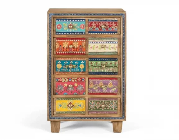 Mueble auxiliar bohemio de madera de mango con 10 cajones pintados a mano – 66x42x30 cm-MOVIL (1)