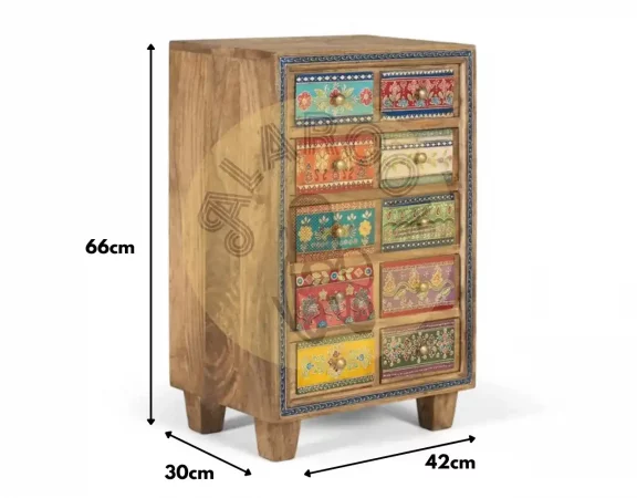 Mueble auxiliar bohemio de madera de mango con 10 cajones pintados a mano – 66x42x30 cm-MOVIL (5)
