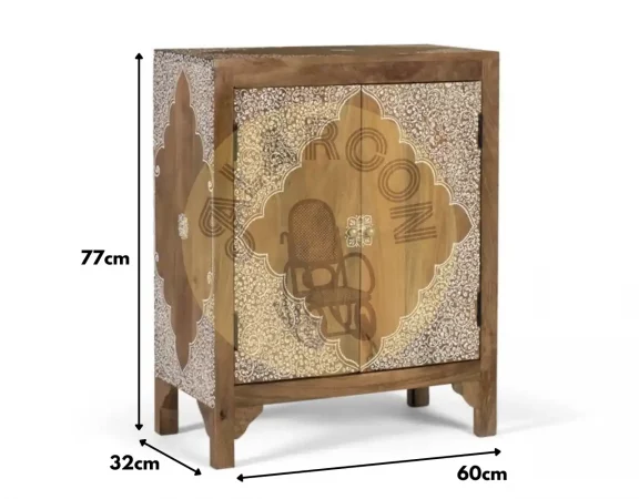 Mueble auxiliar de madera maciza con puertas talladas en relieve blanco – Estilo oriental y artesanal, 77x60x32 cm-PC (3)
