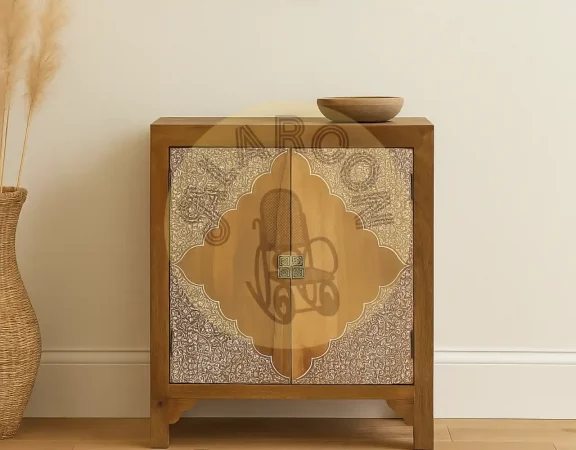 Mueble auxiliar de madera maciza con puertas talladas en relieve blanco – Estilo oriental y artesanal, 77x60x32 cm-PC (4)