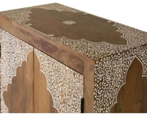 Mueble auxiliar de madera maciza con puertas talladas en relieve blanco – Estilo oriental y artesanal, 77x60x32 cm-PC (6)
