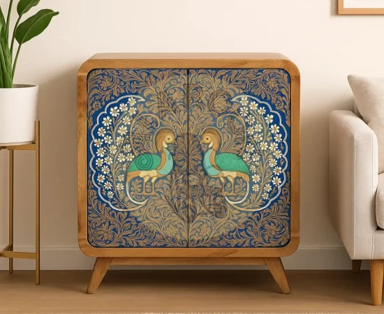 Mueble de Madera Maciza con Diseño Artesanal de Pavos Reales – Aparador Retro-Bohemio-MOVIL (4)