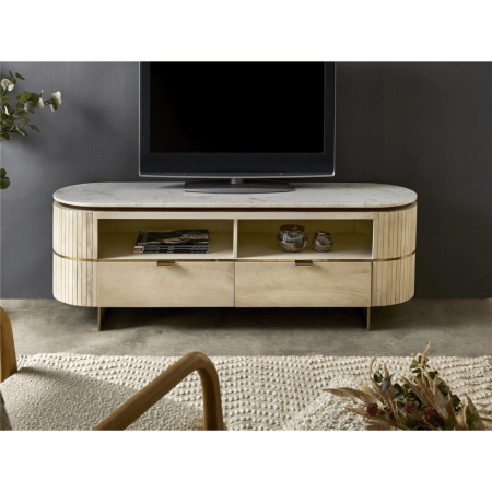 Mueble de TV Redondeado de Madera de Mango 2 Cajones Sobre Mármol Blanco - Imori (1)