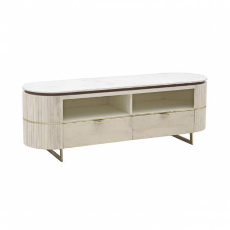 Mueble de TV Redondeado de Madera de Mango 2 Cajones Sobre Mármol Blanco - Imori (2)