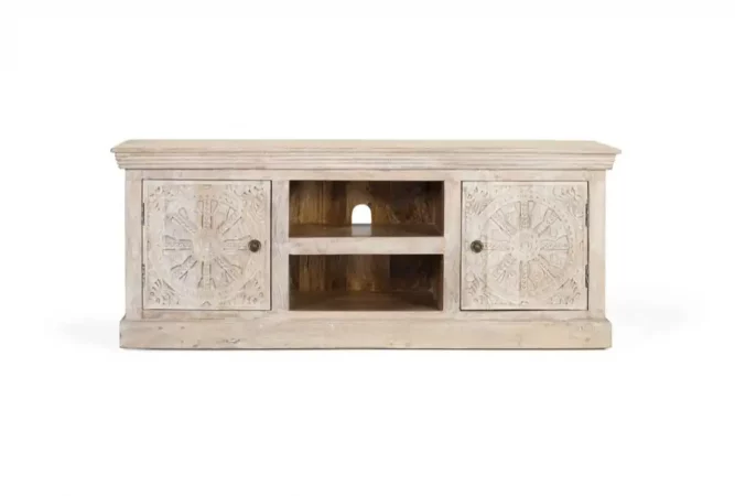 Mueble de TV de Madera Maciza de Mango Tallado a Mano – 152x40x61 cm – Estilo Clásico con Acabado Arena-MOVIL (1)
