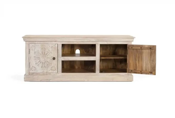 Mueble de TV de Madera Maciza de Mango Tallado a Mano – 152x40x61 cm – Estilo Clásico con Acabado Arena-MOVIL (3)