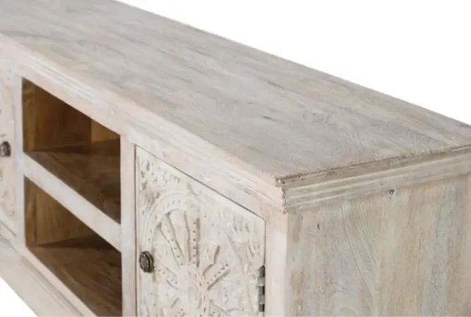 Mueble de TV de Madera Maciza de Mango Tallado a Mano – 152x40x61 cm – Estilo Clásico con Acabado Arena-MOVIL (4)