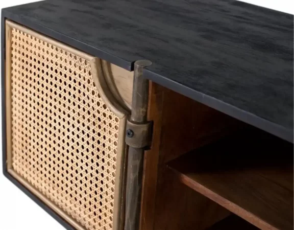 Mueble de TV de Madera de Mango 150cm con Puertas de Rejilla Cannage y Patas de Hierro Bronce-MOVIL (1)