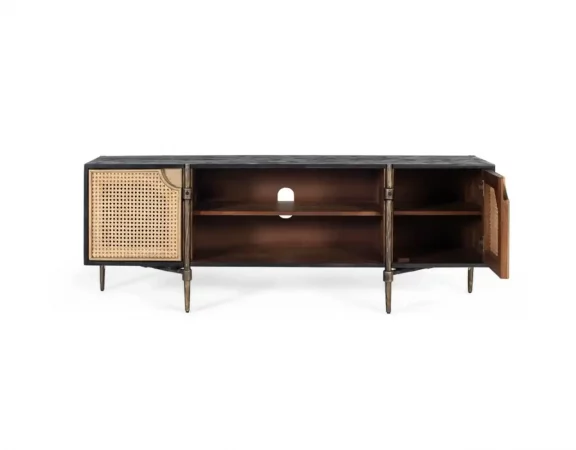 Mueble de TV de Madera de Mango 150cm con Puertas de Rejilla Cannage y Patas de Hierro Bronce-MOVIL (2)