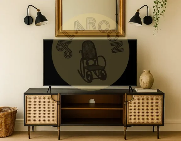 Mueble de TV de Madera de Mango 150cm con Puertas de Rejilla Cannage y Patas de Hierro Bronce-MOVIL (3)