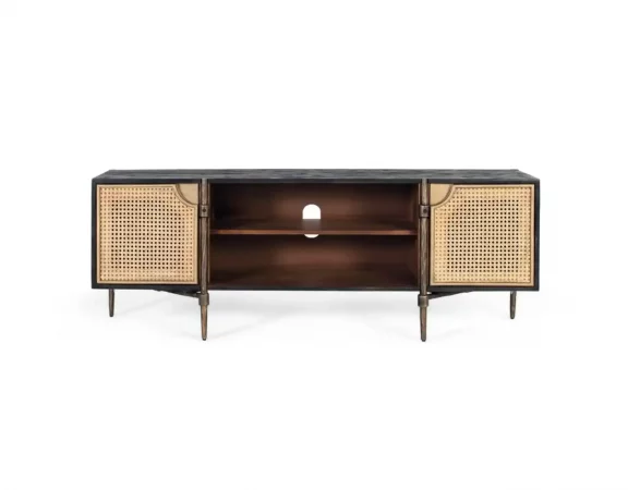 Mueble de TV de Madera de Mango 150cm con Puertas de Rejilla Cannage y Patas de Hierro Bronce-MOVIL (4)