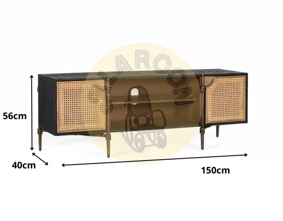 Mueble de TV de Madera de Mango 150cm con Puertas de Rejilla Cannage y Patas de Hierro Bronce-MOVIL (5)
