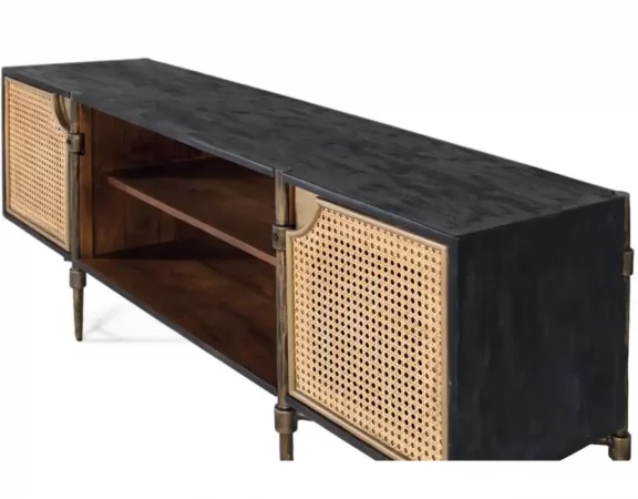 Mueble de TV de Madera de Mango 150cm con Puertas de Rejilla Cannage y Patas de Hierro Bronce-MOVIL (6)