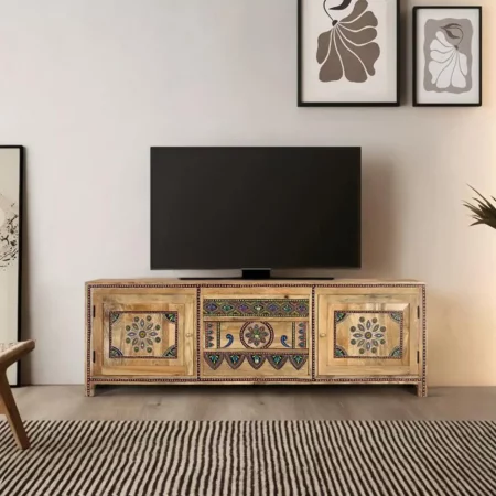 Mueble de TV de Madera de Mango Detallado a Mano 3 Cajones 2 Puertas - Giner y Colomer (1)