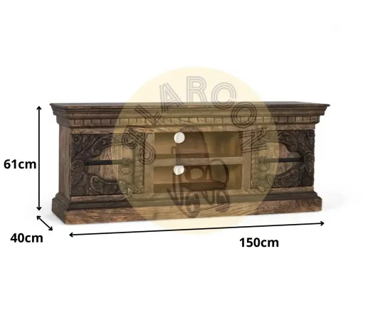 Mueble para TV de Madera Maciza de Mango con Puertas Talladas a Mano y Estilo Rústico – 150x40x61 cm-MOVIL (1)