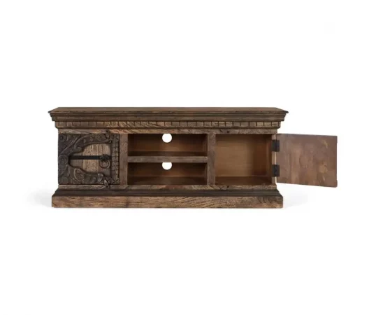 Mueble para TV de Madera Maciza de Mango con Puertas Talladas a Mano y Estilo Rústico – 150x40x61 cm-MOVIL (3)