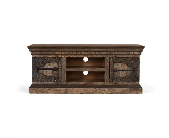 Mueble para TV de Madera Maciza de Mango con Puertas Talladas a Mano y Estilo Rústico – 150x40x61 cm-MOVIL (4)