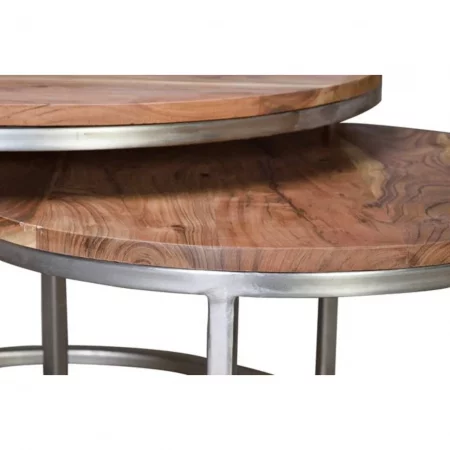 Set 2 Mesas Centro Nido Redondas Tapa Madera Mango Patas Metal Diámetro 7055 Cm - Giner y Colomer (2)