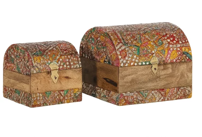 Set de 2 Baúles Joyeros de Madera de Mango Natural - 28x33x28 y 23x28x23 cm (1)
