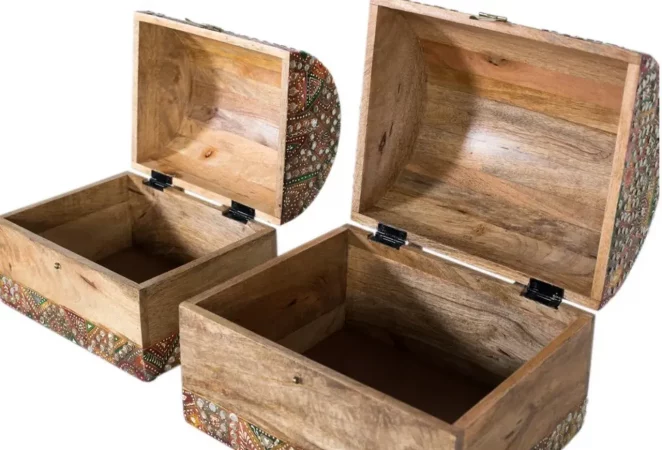 Set de 2 Baúles Joyeros de Madera de Mango Natural - 28x33x28 y 23x28x23 cm (4)