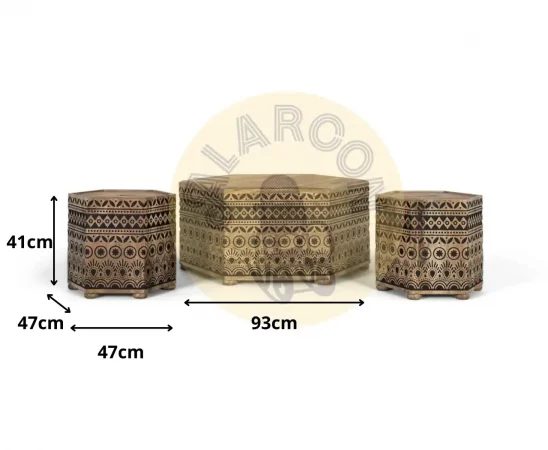 Set de Mesa de Centro y Taburetes Hexagonales de Madera de Mango con Grabados Étnicos a Mano-MOVIL (1)