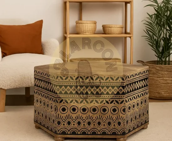 Set de Mesa de Centro y Taburetes Hexagonales de Madera de Mango con Grabados Étnicos a Mano-MOVIL (3)