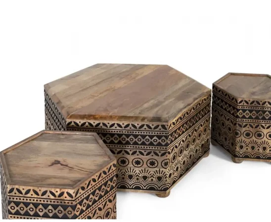 Set de Mesa de Centro y Taburetes Hexagonales de Madera de Mango con Grabados Étnicos a Mano-MOVIL (4)