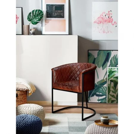 Sillón Tapizado Piel Marrón Patas Metal Negro Estilo Industrial 62x60x76 Cm - Giner y Colomer (3)