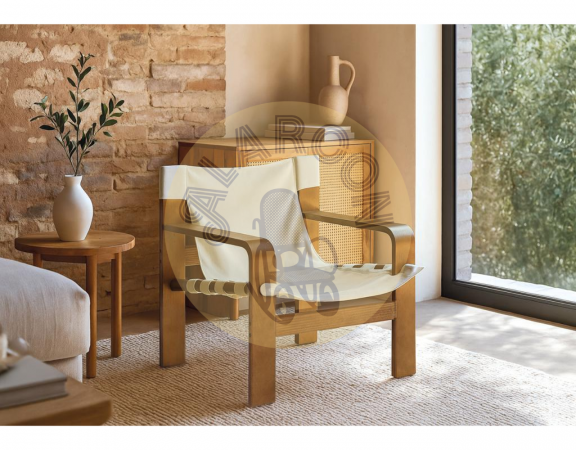 Sillón de Madera de Caucho con Lona Beige Diseño Contemporáneo 75x76x63 cm (3)