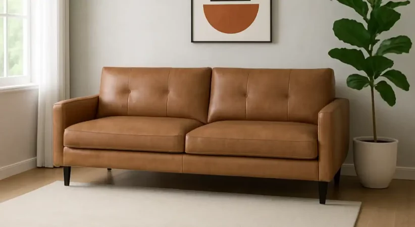 Sofá Tapizado con Piel Camel 220x88x85 Cm - Giner y Colomer (5)