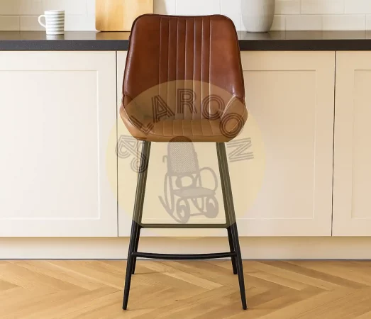Taburete Alto de Piel Marrón con Respaldo Ergonómico y Estructura de Hierro Negra-MOVIL (1)