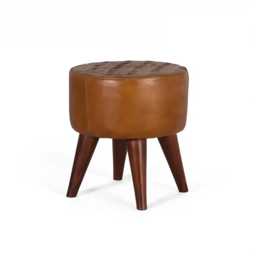 Taburete Redondo Tapizado con Piel Bovina y Soportes de Madera - Giner y Colomer (2)