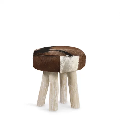 Taburete de Piel de Cabra Redondo y de Madera de Teca - Moycor (1)