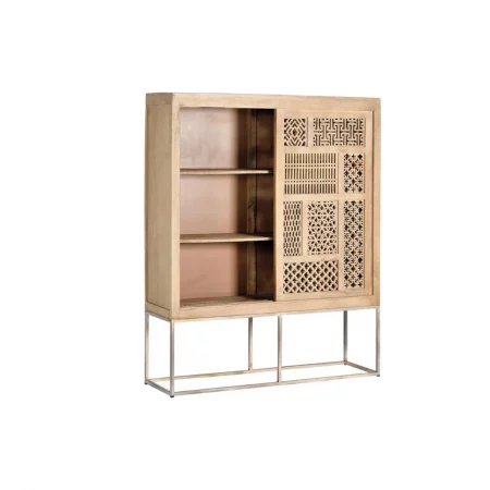 Vitrina Madera Mango 2 Puertas Correderas Talladas Base Metal Colección Style 140x40x170 Cm - Giner y Colomer (2)