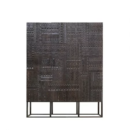 Vitrina Madera Mango Tallada Wengué 3 Puertas Patas Metal Colección Jeroglífico 120x40x135 Cm - Giner y Colomer (2)
