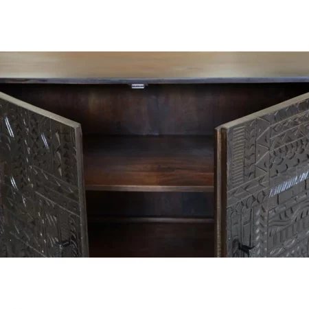 Vitrina Madera Mango Tallada Wengué 3 Puertas Patas Metal Colección Jeroglífico 120x40x135 Cm - Giner y Colomer (5)