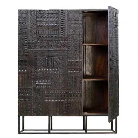Vitrina Madera Mango Tallada Wengué 3 Puertas Patas Metal Colección Jeroglífico 120x40x135 Cm - Giner y Colomer (6)