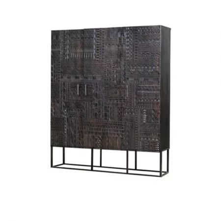 Vitrina Madera Mango Tallada Wengué 3 Puertas Patas Metal Colección Jeroglífico 120x40x135 Cm - Giner y Colomer (7)
