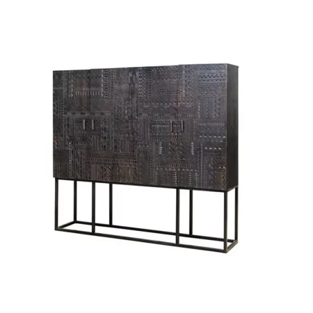 Vitrina Madera Mango tallado Wengué Patas Metal 4 Puertas Colección Jeroglífico 180x40x160 Cm - Giner y Colomer (1)
