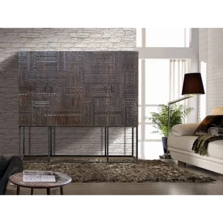 Vitrina Madera Mango tallado Wengué Patas Metal 4 Puertas Colección Jeroglífico 180x40x160 Cm - Giner y Colomer (7)