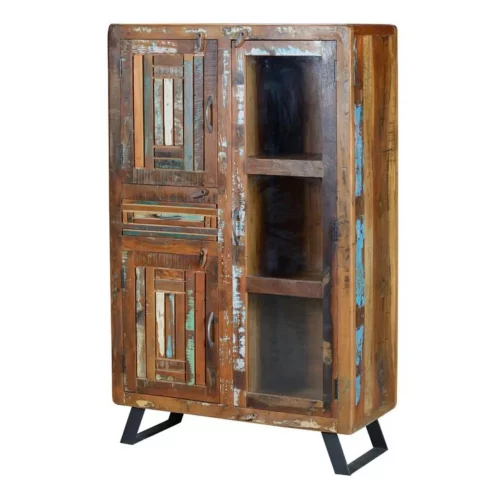 Vitrina Madera Reciclada 3 Puertas + 1 Cajón Patas Metal 90x38x140 Cm - Giner y Colomer (4)