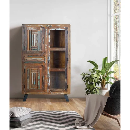 Vitrina Madera Reciclada 3 Puertas + 1 Cajón Patas Metal 90x38x140 Cm - Giner y Colomer (6)