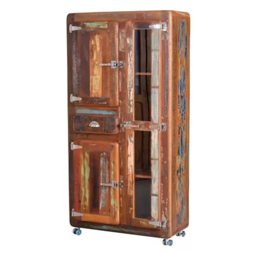 Vitrina Madera Reciclada cRuedas 3 Puertas + 1 Cajón 90x38x180 Cm - Giner y Colomer (1)