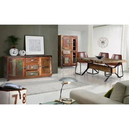 Vitrina Madera Reciclada cRuedas 3 Puertas + 1 Cajón 90x38x180 Cm - Giner y Colomer (4)