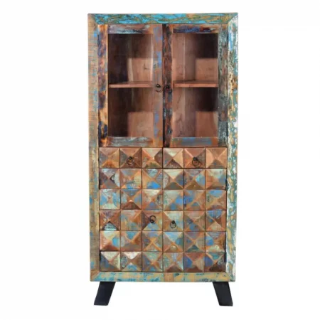 Vitrina de 4 Puertas y 2 Cajones Hecha de Madera Reciclada con Estantes y Patas de Metal Colección Diamante Reciclado 90x40x180 - Giner y Colomer (1)