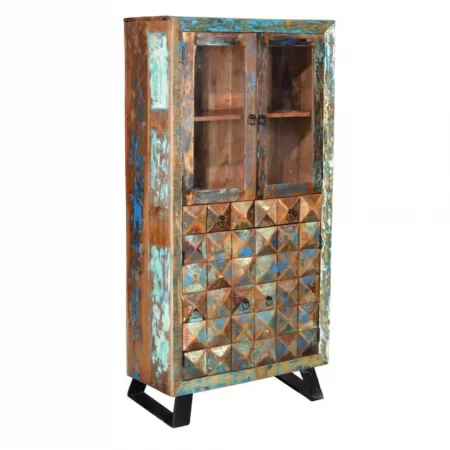 Vitrina de 4 Puertas y 2 Cajones Hecha de Madera Reciclada con Estantes y Patas de Metal Colección Diamante Reciclado 90x40x180 - Giner y Colomer (2)