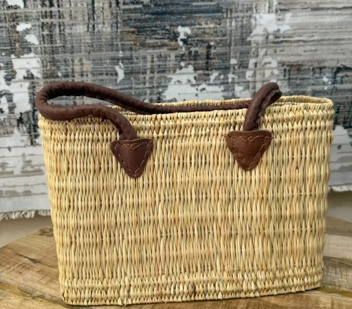 movil Bolso Capazo Recto de Palma Natural con Asas de Cuero 40x17x26 – Hecho a Mano Estilo Boho Artesanal